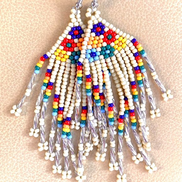 Handcrafted Jewelry - 3 5/8" Boho Beige Hand Beaded Multicolor Flowers Floral Tassel Dangle Earrings